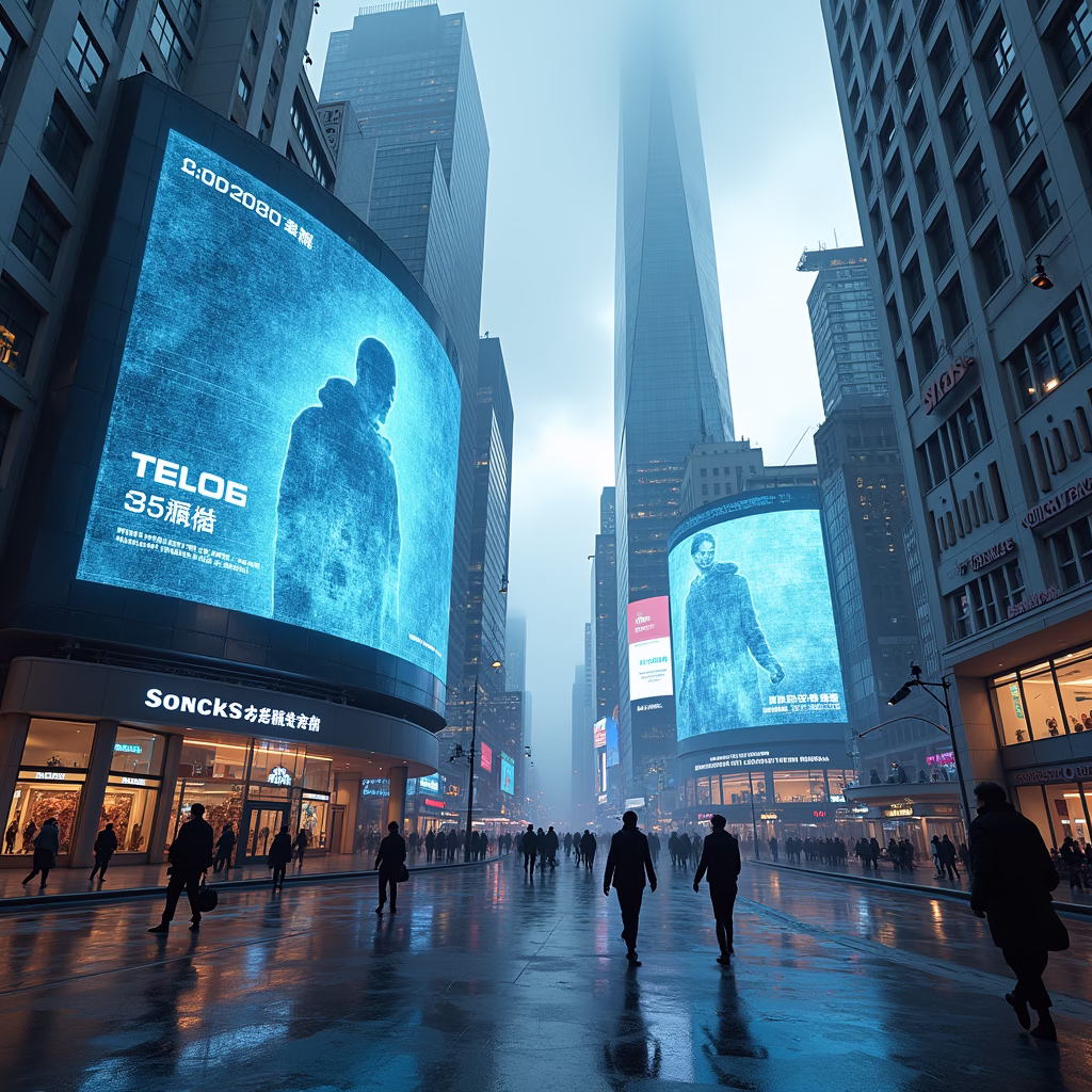 a futuristic cityscape with holographic advertisements powered by ai, showing personalized content tailored to individual passersby.