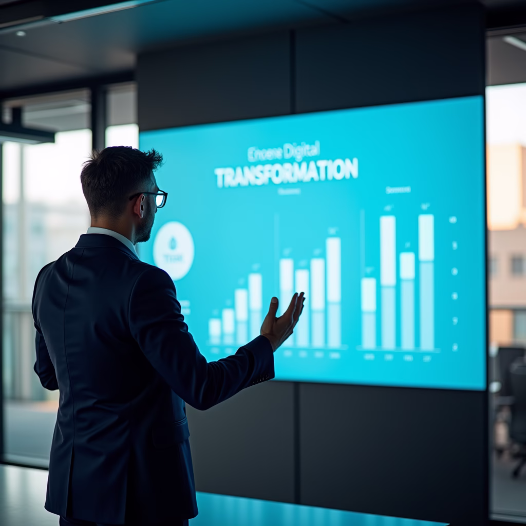 A determined CEO standing at the forefront of a modern office, confidently gesturing towards a large screen displaying digital transformation metrics. The scene emphasizes leadership commitment and the integration of technology in daily operations.