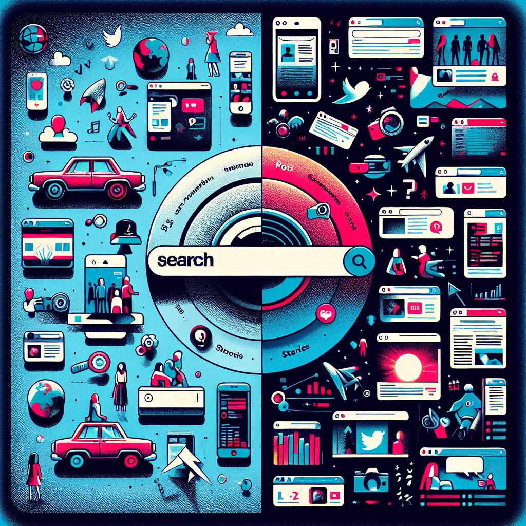 A split screen showing a traditional search engine on one side and a social media feed on the other, highlighting the shift towards social media as a primary search tool for Gen Z.