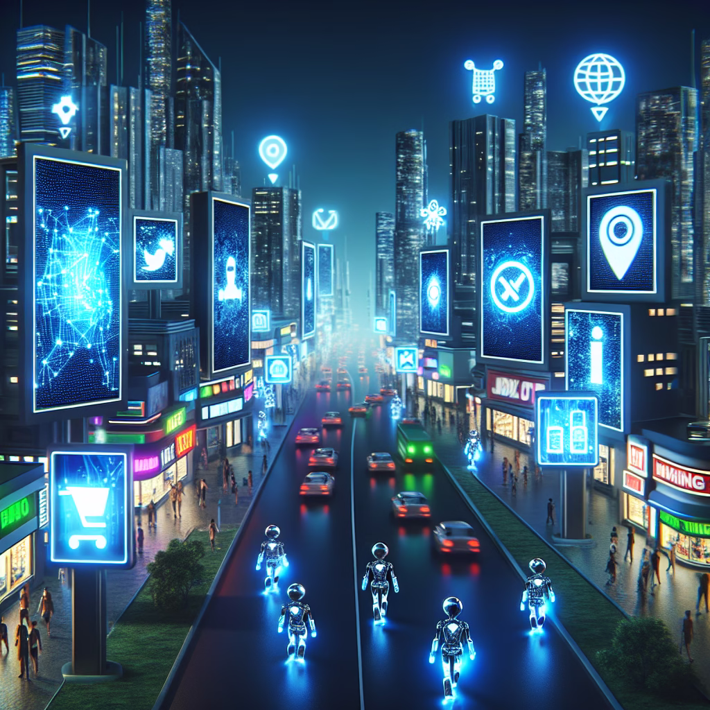A futuristic cityscape with holographic ads and AI-powered marketing robots, representing the integration of AI in digital marketing in 2025.
