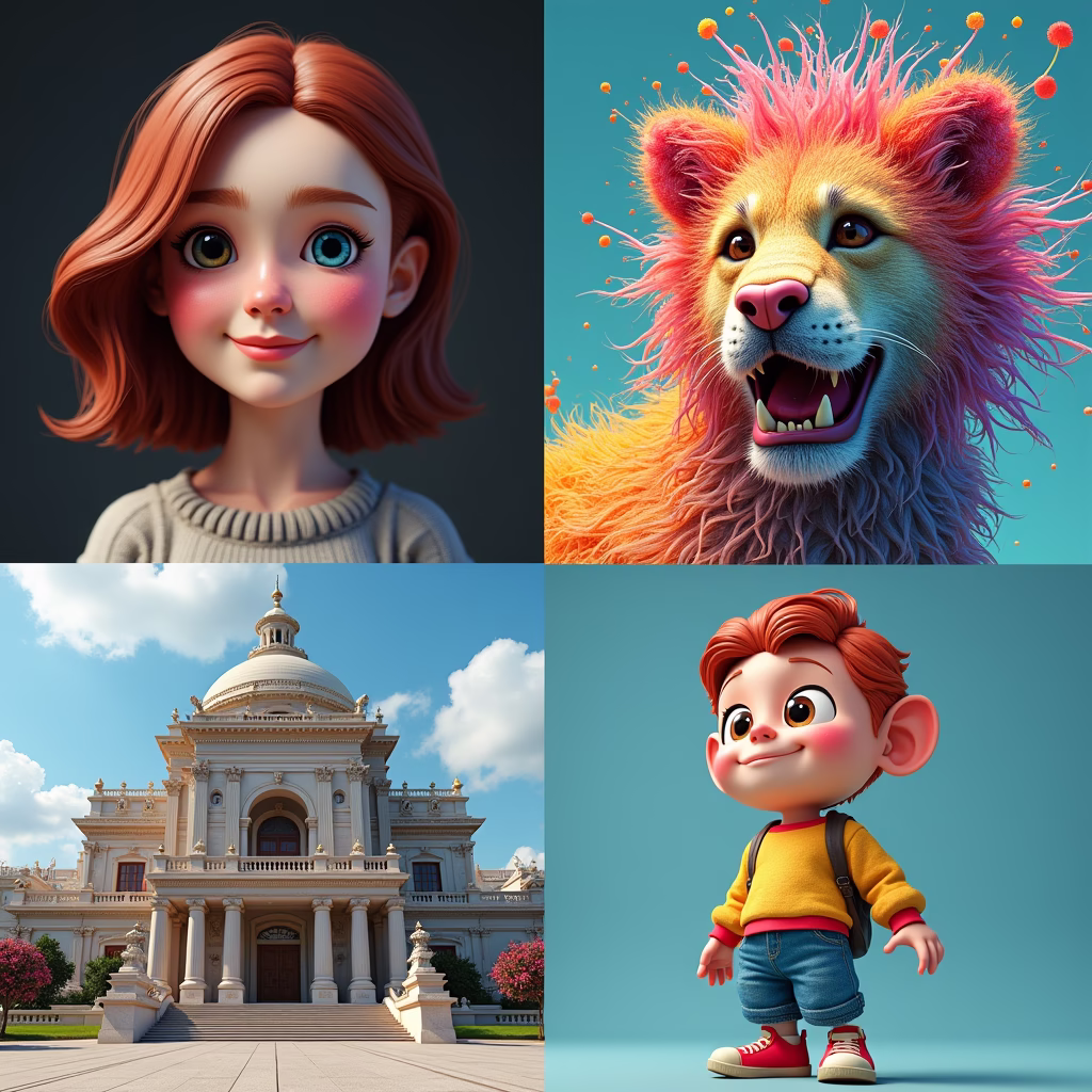 A collage of diverse AI-generated images showcasing different styles and applications: a photorealistic portrait, a vibrant abstract painting, a detailed architectural rendering, and a whimsical cartoon character. The collage should illustrate the versatility and potential of AI image generation.