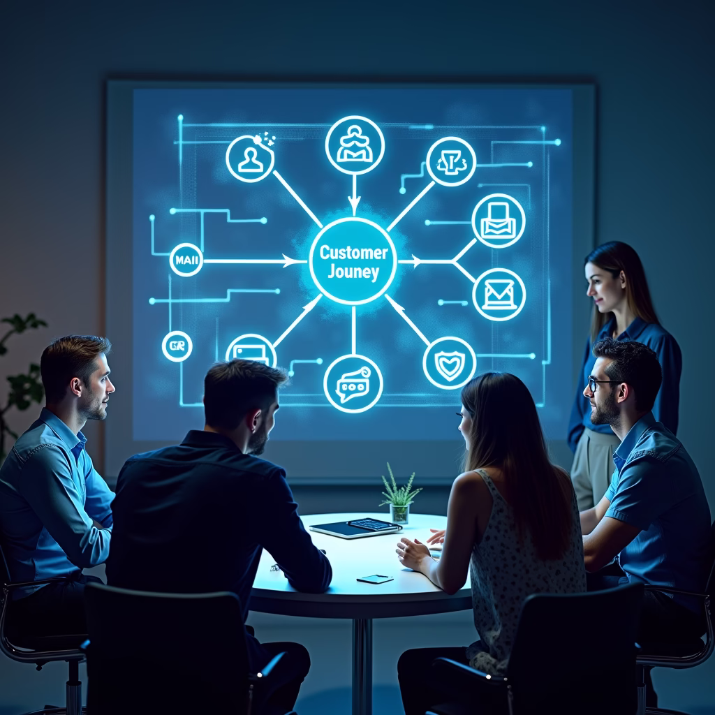 A futuristic marketing team brainstorming ideas around a holographic projection of a customer journey map, showcasing interconnected marketing channels like social media, email, and chatbots. The scene emphasizes collaboration and technological integration.