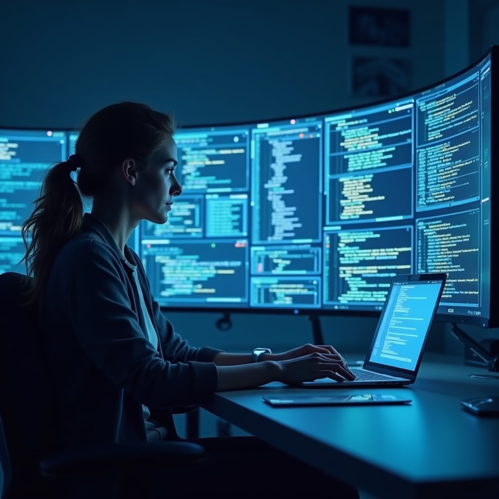 A futuristic AI robot sitting at a desk, typing on a keyboard, with a holographic screen displaying blog post ideas. The background is a modern office environment.
