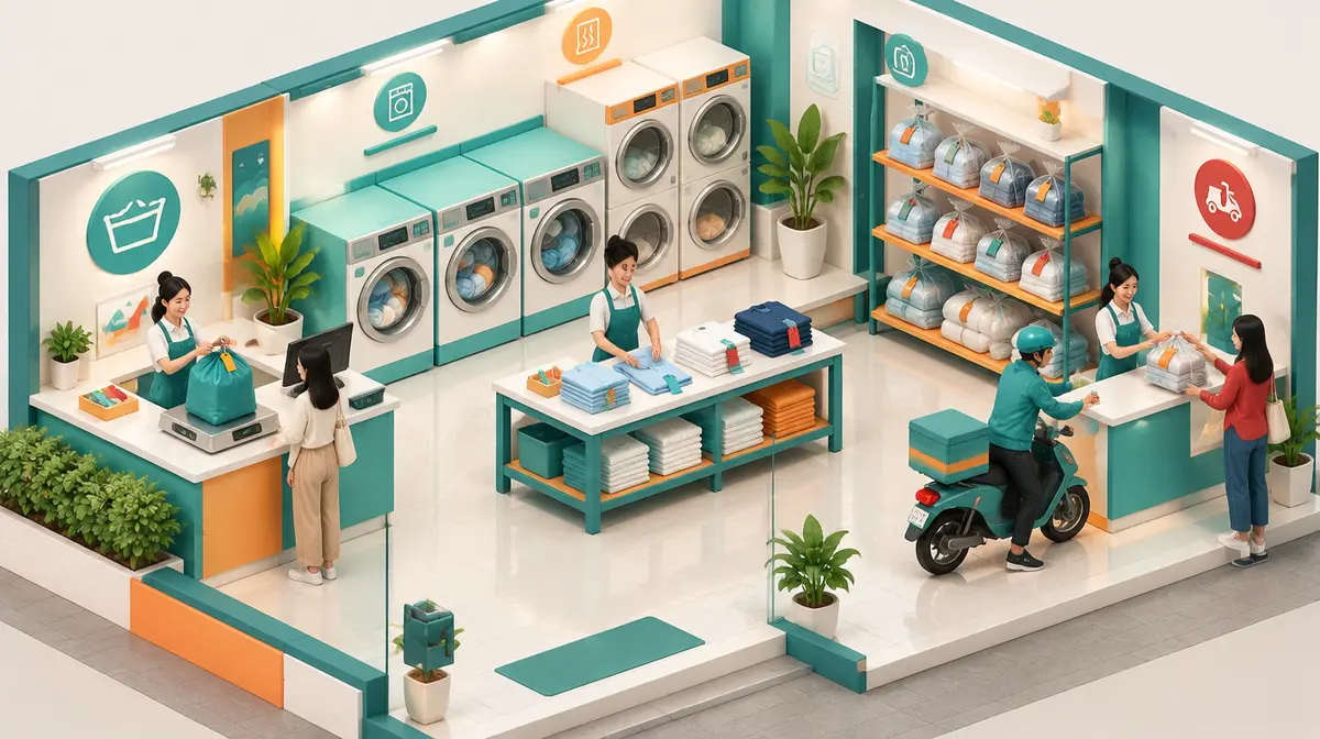 Minh hoạ isometric tông xanh ngọc và cam: bên trái nữ nhân viên đeo tạp dề xanh cân túi đồ trên cân điện tử ở quầy nhận và gắn thẻ; giữa là dãy máy giặt, máy sấy và bàn gấp có chồng áo gắn thẻ màu; bên phải là kệ túi đồ niêm phong trong suốt gắn thẻ, người giao hàng đi xe máy nhận túi, và nữ nhân viên trao túi niêm phong cho khách ở quầy trả đồ