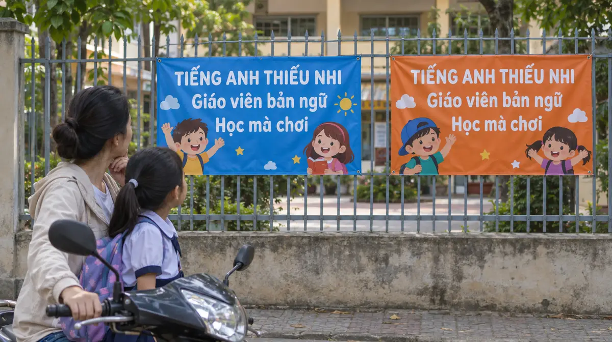 Hai băng rôn treo cạnh nhau trên hàng rào cổng trường tiểu học, tấm bên trái nền xanh dương, tấm bên phải nền cam, cả hai cùng ghi ba dòng chữ trắng TIẾNG ANH THIẾU NHI, Giáo viên bản ngữ, Học mà chơi; phía trước bên trái, một người mẹ ngồi trên xe máy cùng con gái mặc đồng phục nhìn sang hai tấm băng rôn