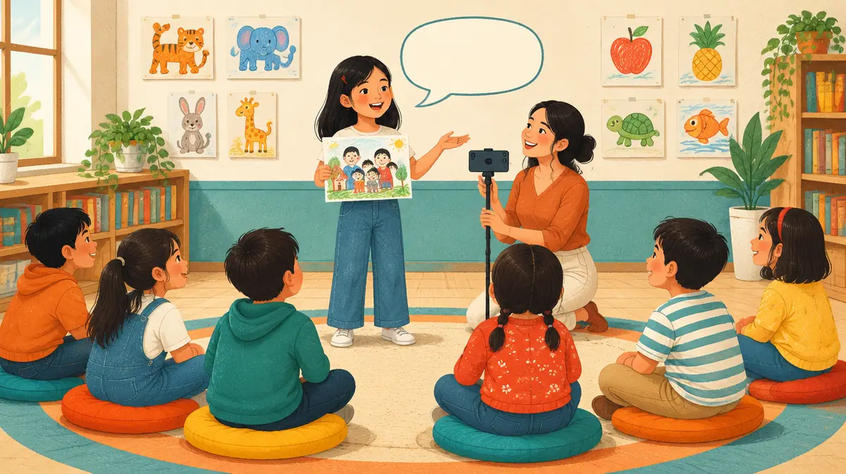 Minh hoạ lớp học tiếng Anh thiếu nhi: một bé gái đứng giữa lớp cầm tranh vẽ gia đình, vừa nói vừa đưa tay, phía trên là bong bóng lời thoại trống; cô giáo quỳ bên cạnh cầm điện thoại gắn gậy quay lại; sáu bạn ngồi đệm tròn thành vòng cung lắng nghe, tường dán tranh con vật và trái cây