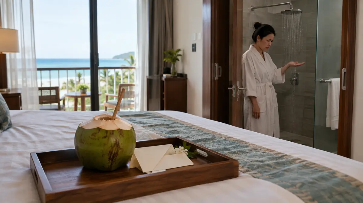 Ảnh chụp kiểu phóng sự trong phòng khu nghỉ dưỡng nhìn ra biển: tiền cảnh là khay gỗ trên giường đặt trái dừa xanh cắm ống hút và một phong thư màu kem; hậu cảnh, qua cửa phòng tắm, một phụ nữ mặc áo choàng tắm đưa tay hứng nước dưới vòi sen, nhíu mày thất vọng