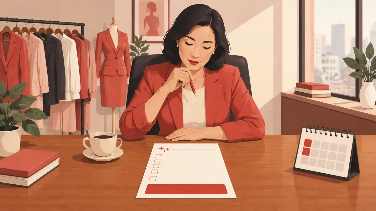 Minh hoạ phẳng kiểu báo chí tông đỏ ấm: một nữ CEO mặc blazer đỏ ngồi sau bàn gỗ, tay cầm bút đỏ chống cằm, nhìn xuống một tờ đề xuất đặt giữa bàn; tờ giấy có biểu tượng ngôi sao lấp lánh ở góc trên, năm ô vuông trống chưa đánh dấu dọc lề trái, phần giữa gần như trắng và một thanh đỏ đậm ở cuối trang; bên cạnh là tách cà phê, chồng sổ, lịch để bàn; phía sau là giá treo blazer, sơ mi và một ma-nơ-canh mặc vest đỏ