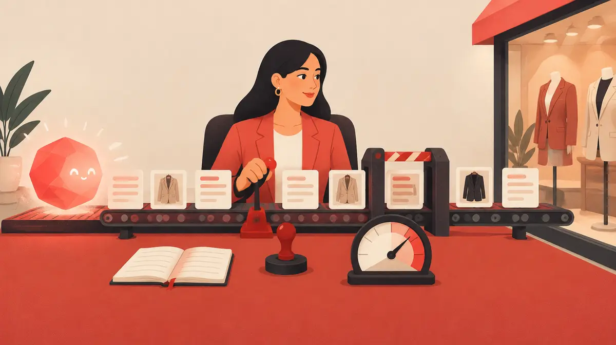 Minh hoạ phẳng tông đỏ ấm và kem: một nữ trưởng nhóm marketing ngồi sau bàn, tay nắm cần gạt; bên trái, một khối đa giác đỏ phát sáng có khuôn mặt cười tượng trưng cho trợ lý AI đang đưa các thẻ mô tả và thẻ ảnh áo blazer lên băng chuyền; trước khi tới tủ kính trưng bày blazer ở bên phải, các thẻ phải đi qua một cổng có thanh chắn sọc đỏ trắng; trên bàn có con dấu duyệt, đồng hồ đo có vùng đỏ giới hạn và cuốn sổ nhật ký mở