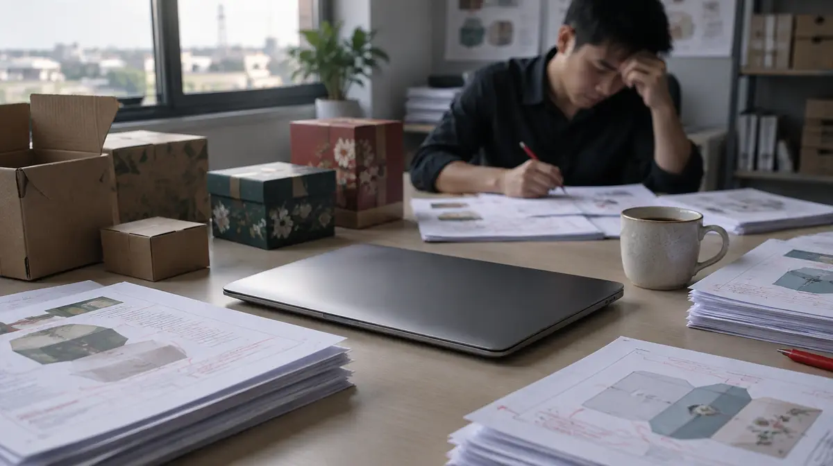 Ảnh chụp tư liệu một bàn làm việc: ở giữa là máy tính xách tay mới, đóng nắp; xung quanh là các xấp bản in thiết kế hộp giấy có vết sửa bút đỏ, cốc cà phê, hộp carton và hộp quà in hoa; phía sau, một nhân viên nam chống tay lên trán, cầm bút đỏ sửa bản in bằng tay