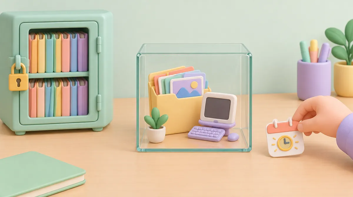 Tranh đất sét 3D tông pastel trên mặt bàn: ở giữa là hộp kính trong suốt đựng một tệp hồ sơ nhỏ, vài thẻ màu và một máy tính đồ chơi; bên trái là tủ xanh bạc hà khoá bằng ổ khoá vàng cất nhiều tệp hồ sơ; bên phải một bàn tay nhỏ đặt tờ lịch có đồng hồ cạnh hộp kính