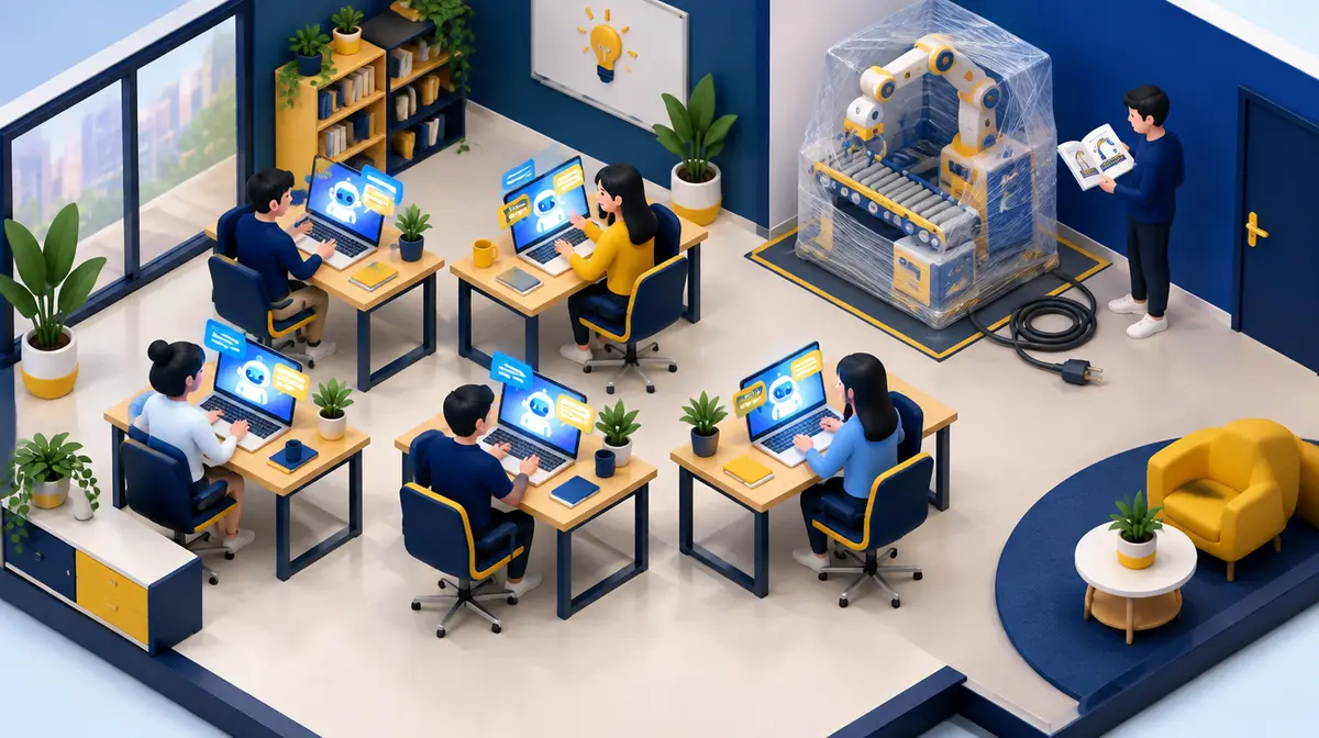 Văn phòng marketing thu nhỏ kiểu isometric tông xanh đêm và vàng: năm nhân viên ngồi ở năm bàn, màn hình máy tính nào cũng hiện khung trò chuyện với trợ lý AI; ở góc phải, một trạm tự động có băng chuyền và cánh tay robot vẫn còn bọc nilon, dây nguồn cuộn tròn chưa cắm, một nhân viên đứng cạnh đọc sách hướng dẫn