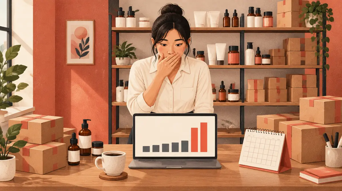 Minh hoạ kiểu báo chí tông đỏ san hô và kem: trong văn phòng nhỏ của một thương hiệu mỹ phẩm, một phụ nữ trẻ mặc sơ mi màu kem đứng sau bàn, một tay che miệng, nhìn màn hình máy tính xách tay có biểu đồ năm cột xám thấp và hai cột đỏ cao vọt ở cuối; trên bàn có tách cà phê, chai serum màu hổ phách, lịch để bàn; phía sau là kệ đầy chai lọ mỹ phẩm và thùng hàng dán băng keo đỏ