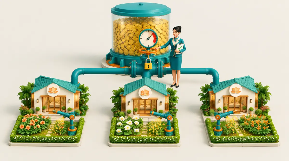 Minh hoạ isometric 3D: một bồn chứa trong suốt màu xanh ngọc đầy đồng xu vàng, nối qua đường ống tới ba spa nhỏ mái ngói xanh có biển hoa sen; trước mỗi spa là một khu vườn có vòi tưới tự động; ngay dưới bồn là van tổng có đồng hồ đo với vạch đỏ và một ổ khoá vàng, bên cạnh là người phụ nữ Việt Nam mặc đồng phục xanh ngọc, một tay đặt lên van, tay kia cầm bảng kẹp giấy có dấu tích