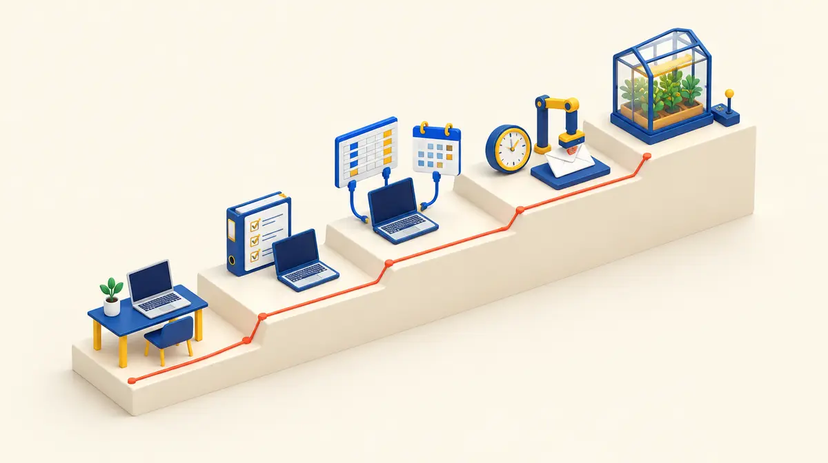 Minh hoạ isometric tông xanh đậm, vàng và kem: năm bậc thang đi lên từ trái sang phải, mỗi bậc đặt một vật: một bàn làm việc với laptop, laptop cạnh tập hồ sơ có dấu tích, laptop nối dây với bảng tính và lịch, đồng hồ cạnh cánh tay máy đóng dấu phong bì, và nhà kính thuỷ tinh có cần gạt điều khiển bên ngoài; một đường đỏ chạy dọc theo các bậc