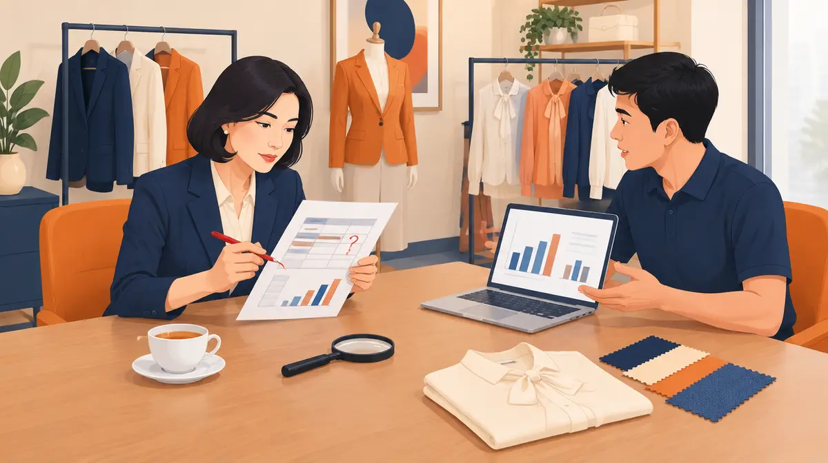 Minh hoạ phẳng tông xanh đêm, kem và cam trong phòng họp của một thương hiệu thời trang công sở: bên trái, nữ CEO tóc ngắn mặc vest xanh đêm cầm tờ báo cáo một trang có bảng và biểu đồ cột nhỏ, dùng bút đỏ vẽ dấu hỏi cạnh một dòng; bên phải, nam nhân viên agency mặc áo polo xanh đêm vừa nói vừa chỉ vào máy tính xách tay có biểu đồ cột; trên bàn là tách trà, kính lúp, chiếc áo sơ mi kem gấp và các mẫu vải; phía sau là giá treo áo vest, sơ mi và ma-nơ-canh mặc áo vest cam