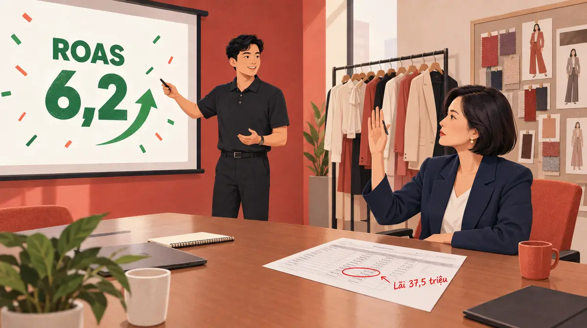 Minh hoạ kiểu báo chí tông đỏ ấm trong phòng họp của một thương hiệu thời trang công sở: bên trái, màn chiếu hiện chữ lớn ROAS 6,2 màu xanh lá với mũi tên đi lên và hoa giấy, một nam nhân viên agency mặc áo polo đen đứng cạnh, cầm bút trình chiếu chỉ vào màn hình; bên phải, nữ CEO tóc ngắn mặc vest xanh đêm ngồi ở bàn, giơ tay đặt câu hỏi; trên bàn trước mặt chị là tờ bảng số liệu có một dòng khoanh mực đỏ, mũi tên chỉ vào chữ viết tay Lãi 37,5 triệu; phía sau là giá treo sơ mi, áo vest và bảng ghim mẫu vải, bản phác thảo trang phục