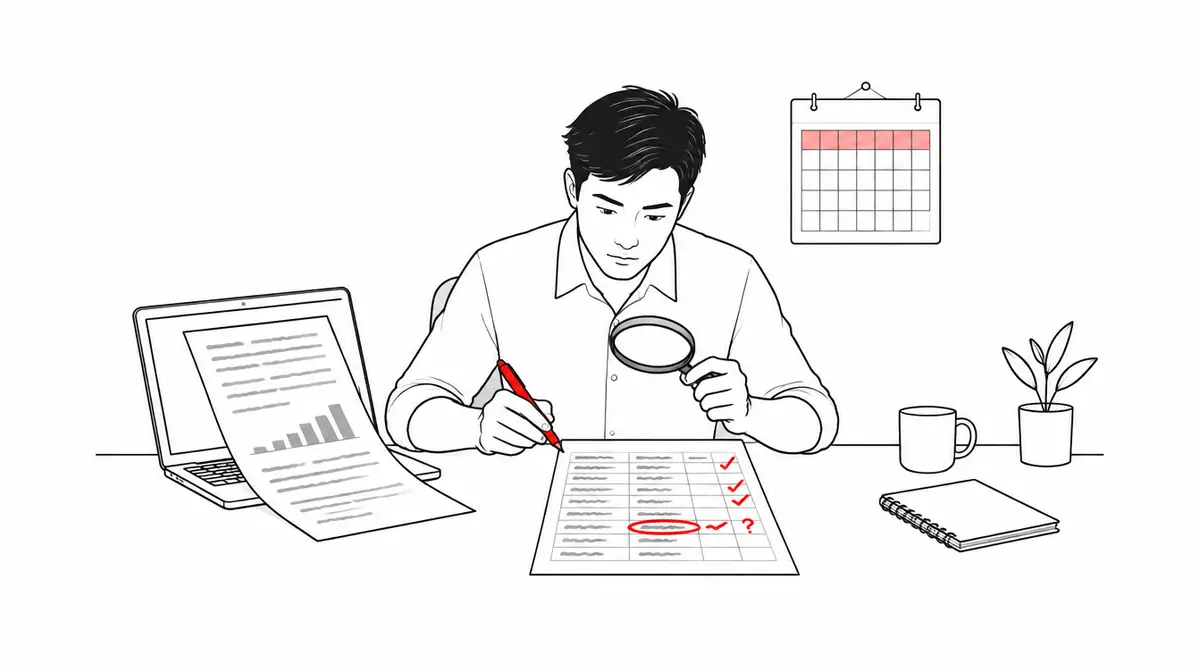 Tranh nét mảnh đen trắng với một màu nhấn đỏ: người đàn ông ngồi ở bàn làm việc, tay phải cầm bút đỏ, tay trái cầm kính lúp, soi một bảng số in trên giấy và đánh dấu tích đỏ bên cạnh các dòng, khoanh đỏ một ô kèm dấu hỏi; bên trái, một trang tóm tắt có biểu đồ cột nhỏ trượt ra từ màn hình máy tính xách tay; trên tường là tờ lịch có một hàng tô đỏ