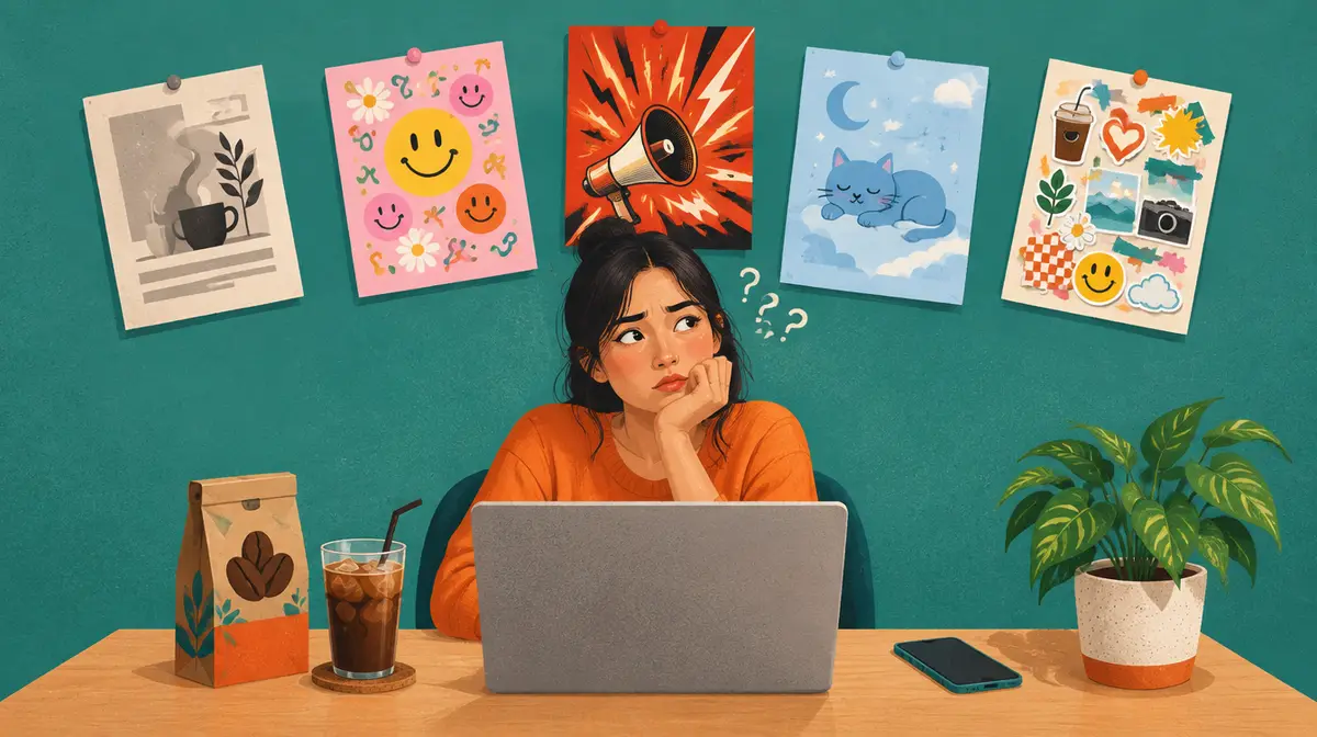 Tranh minh hoạ phẳng: nữ nhân viên marketing áo cam chống cằm nhìn máy tính xách tay với vẻ bối rối, trên bức tường xanh ngọc phía sau ghim năm tờ bản nháp khác hẳn nhau: tờ xám trang trọng, tờ hồng đầy mặt cười, tờ đỏ có loa phóng thanh, tờ xanh nhạt có chú mèo ngủ, tờ dán đầy sticker; trên bàn có túi cà phê hạt, ly cà phê đá, điện thoại và chậu cây
