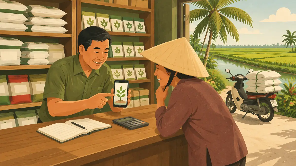 Minh hoạ phẳng kiểu báo chí tông xanh ô liu và vàng đất: trong một cửa hàng vật tư nông nghiệp ở miền Tây, chủ đại lý mặc sơ mi xanh ô liu đứng sau quầy gỗ, cười và chỉ vào điện thoại có hình cây non cho một nữ nông dân đội nón lá đang chống cằm xem; trên quầy là cuốn sổ ghi đơn mở và máy tính bỏ túi; phía sau là kệ bao phân và gói hạt giống nhãn trống; ngoài cửa là chiếc xe máy chở mấy bao phân, con kênh, hàng dừa và cánh đồng lúa xanh
