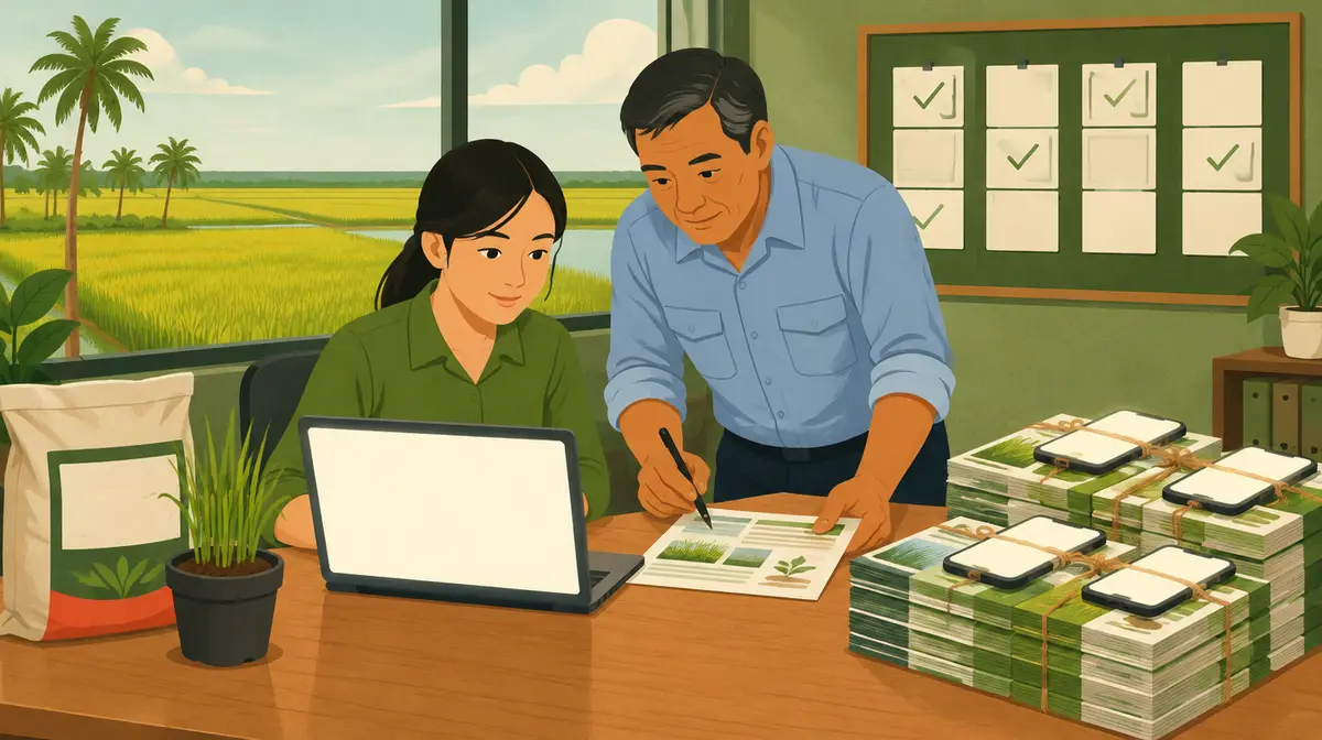 Minh hoạ phẳng kiểu báo chí tông xanh ô liu và kem: trong phòng marketing của một công ty vật tư nông nghiệp, một nữ nhân viên trẻ mặc áo xanh ô liu ngồi trước máy tính xách tay màn hình trống; bên cạnh, một người đàn ông lớn tuổi mặc sơ mi xanh nhạt cúi xuống bàn, cầm bút soát tờ thông tin sản phẩm có ảnh ruộng lúa; bên trái là bao phân mẫu nhãn trống và chậu mạ non; bên phải là nhiều xấp tài liệu buộc dây kèm điện thoại màn hình trống, sẵn sàng gửi đại lý; trên tường là bảng việc nhiều thẻ, vài thẻ có dấu tích xanh; cửa sổ nhìn ra hàng dừa và cánh đồng lúa phẳng