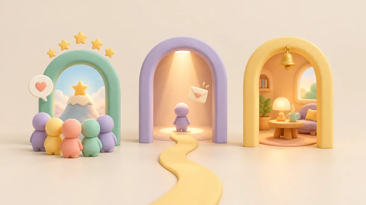 Ảnh đất sét 3D màu pastel: ba cổng vòm đứng cạnh nhau. Cổng trái màu xanh bạc hà, năm nhân vật đất sét nhỏ đứng xem cùng một hướng, bên trong là ngọn núi tuyết có ngôi sao trên đỉnh, phía trên có năm ngôi sao và bong bóng thoại hình trái tim. Cổng giữa màu tím, một nhân vật đứng một mình dưới đèn rọi, có con đường vàng uốn dẫn riêng tới và phong thư có trái tim bay bên cạnh. Cổng phải màu vàng, bên trong là căn phòng ấm có bàn tròn, đèn bàn và cốc nóng, trên cổng treo một chiếc chuông