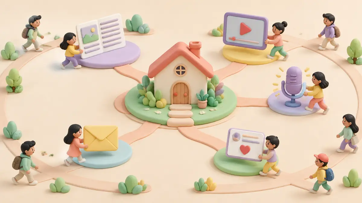 Tranh đất sét 3D màu pastel: ngôi nhà thương hiệu ở giữa, các lối đi toả ra năm dạng nội dung (trang blog, màn hình video, micro podcast, thẻ bài đăng mạng xã hội có trái tim, phong bì email); những người nhỏ đi dọc các lối, vài người đang mang nội dung về phía ngôi nhà