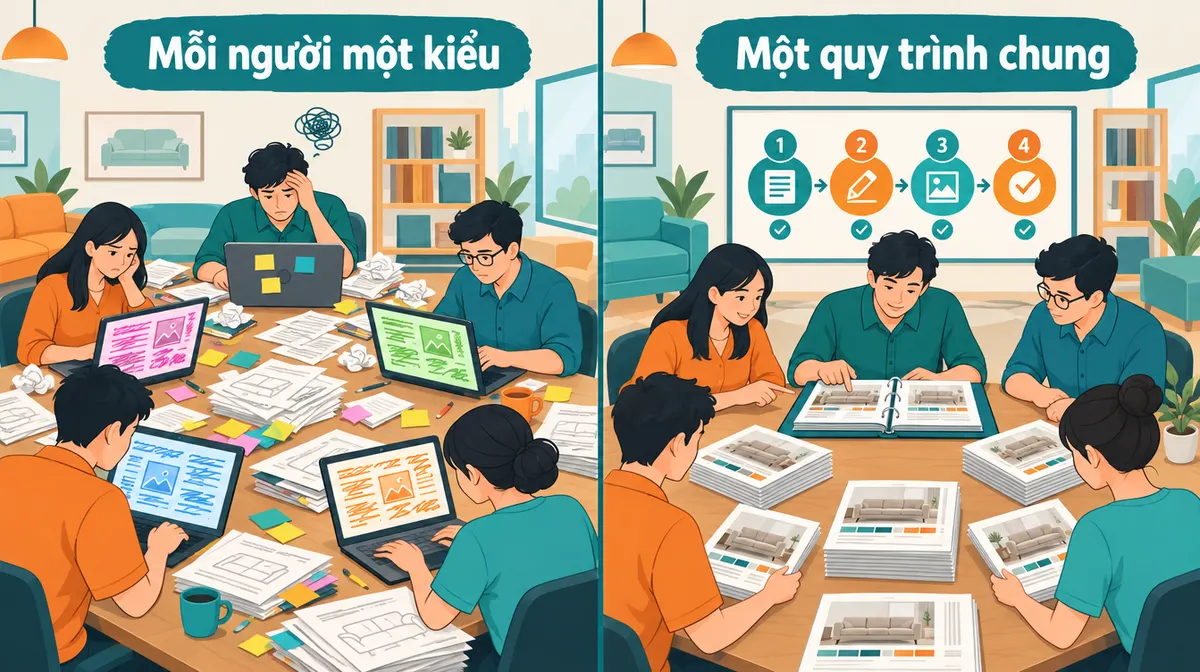 Minh hoạ phẳng chia đôi, tông xanh ngọc, cam và trắng ngà: nửa trái có nhãn Mỗi người một kiểu, năm nhân viên mỗi người một máy tính xách tay với bản nháp khác màu, giấy nhớ và giấy vo tròn vương vãi, một người ôm đầu mệt mỏi; nửa phải có nhãn Một quy trình chung, cùng năm người ngồi quanh một cuốn bìa hồ sơ dày, trên tường là bảng quy trình bốn bước có dấu tích, trên bàn là các chồng trang catalogue sofa giống nhau về bố cục