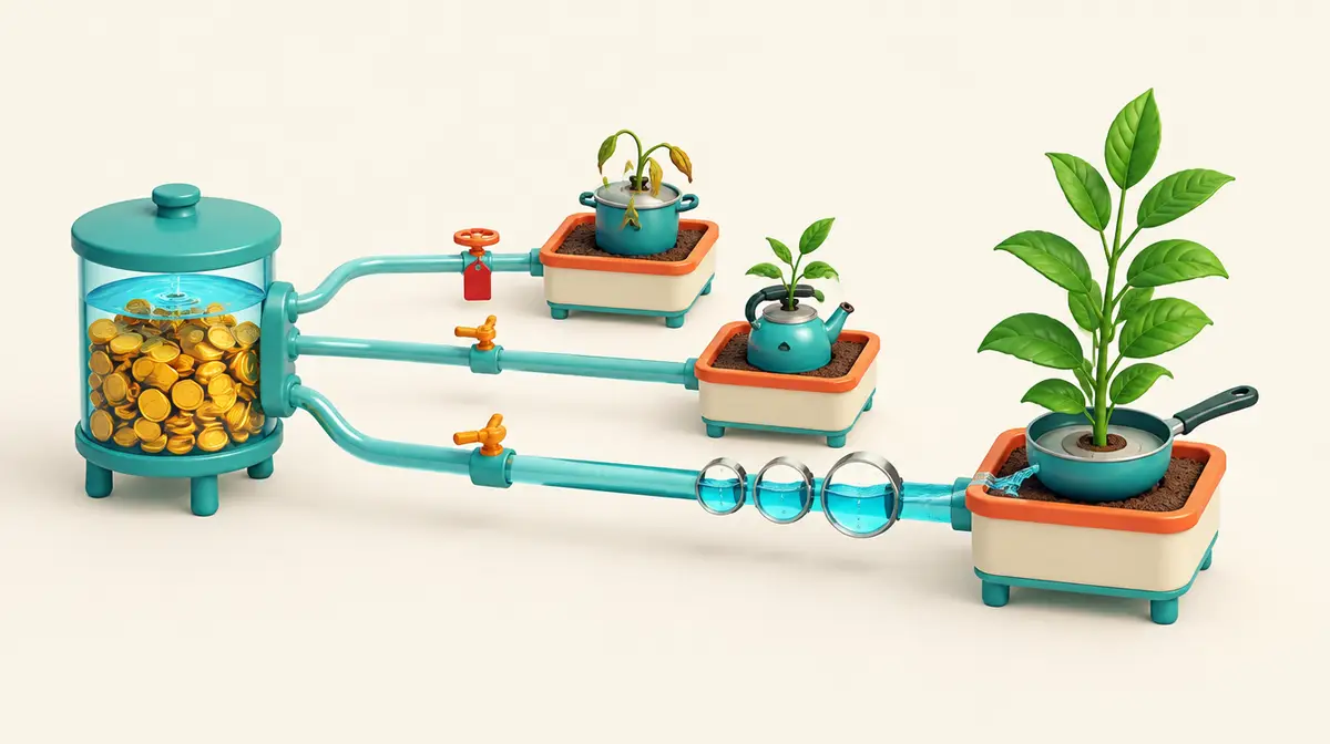 Minh hoạ isometric 3D trên nền trắng kem: bên trái là bồn nước trong suốt chứa đầy đồng xu vàng, ba ống nước xanh ngọc dẫn sang ba chậu cây; chậu thứ nhất trồng cây héo trong một chiếc nồi, van ống đã khoá và treo thẻ đỏ; chậu thứ hai có cây nhỏ mọc từ ấm đun nước, van mở vừa; chậu thứ ba có cây lớn xanh tốt mọc từ chiếc chảo, ống dẫn đi qua ba vòng đo lưu lượng lớn dần