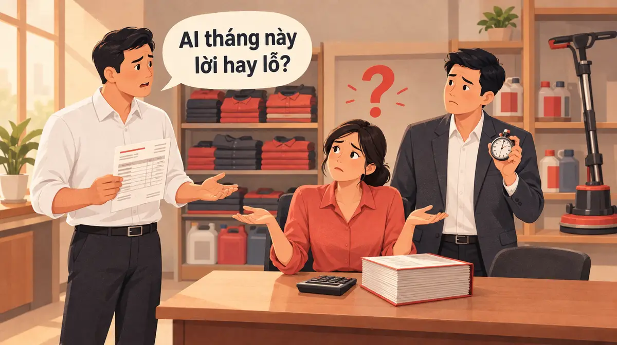 Minh hoạ editorial tông đỏ ấm trong văn phòng một công ty vệ sinh công nghiệp: bên trái, người giám đốc mặc sơ mi trắng cầm tờ hoá đơn, bóng thoại ghi AI tháng này lời hay lỗ?; ở giữa, nữ kế toán ngồi sau bàn có máy tính bỏ túi và cuốn sổ dày, hai tay xoè ra; bên phải, trưởng phòng kinh doanh mặc vest cầm đồng hồ bấm giờ; phía trên có dấu hỏi đỏ; phía sau là kệ đồng phục gấp, can hoá chất và máy đánh sàn