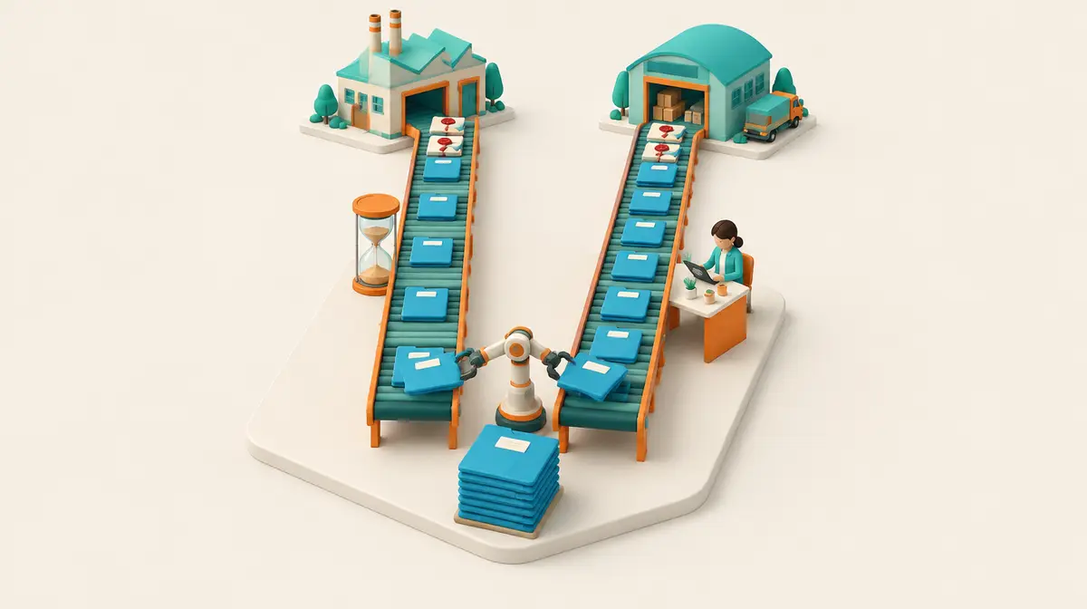 Minh hoạ isometric trên nền kem: một chồng bìa hồ sơ màu xanh dương ở phía trước, cánh tay robot chia hồ sơ sang hai băng chuyền song song; băng chuyền bên trái chạy qua một chiếc đồng hồ cát, băng chuyền bên phải có nhiều hồ sơ hơn và chạy qua bàn làm việc nơi một người đang soát bản nháp trên máy tính xách tay; cuối băng chuyền trái là nhà máy, cuối băng chuyền phải là nhà kho có xe tải nhỏ; ở cuối mỗi băng chuyền có hai bìa hồ sơ đóng dấu sáp đỏ