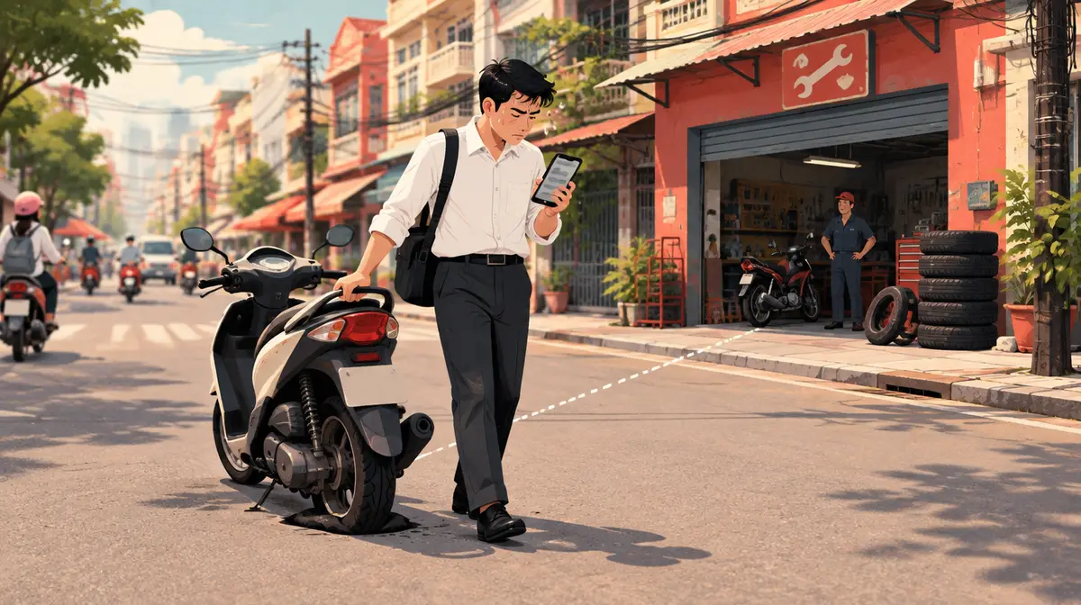 Tranh minh hoạ kiểu báo chí: phố Việt Nam buổi trưa, một thanh niên mặc sơ mi trắng dắt chiếc xe tay ga xẹp lốp sau, mắt nhìn điện thoại; ngay phía sau bên phải là garage sửa xe máy mở cửa cuốn, có biển hình cờ lê, thợ đứng chờ và chồng lốp xe trước cửa; một đường chấm trắng trên mặt đường nối người đàn ông với garage