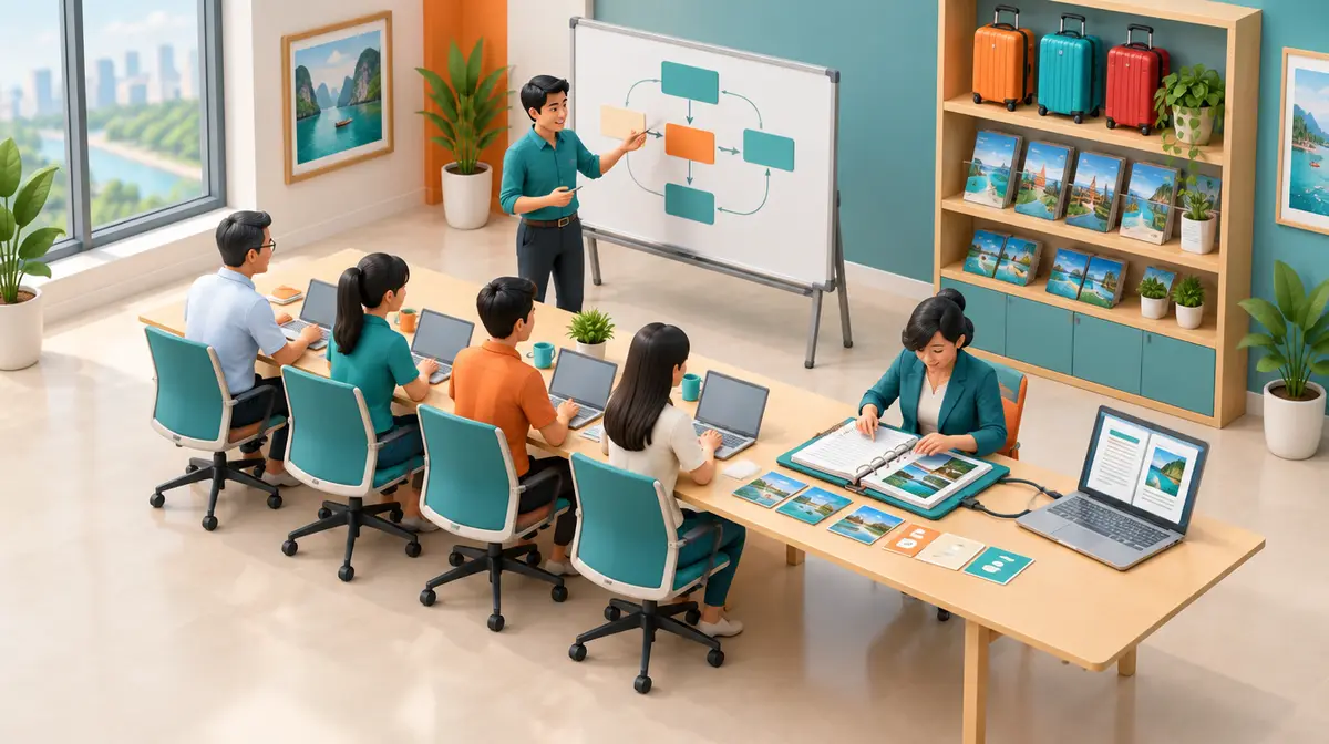 Minh hoạ isometric 3D tông xanh ngọc, cam và trắng ngà: một buổi đào tạo nội bộ trong văn phòng công ty du lịch; người hướng dẫn đứng cạnh bảng trắng có sơ đồ các khối nối bằng mũi tên; bên bàn dài, một người đàn ông đeo kính lớn tuổi hơn và ba nhân viên trẻ ngồi cạnh nhau, mỗi người một máy tính xách tay; ở đầu bàn bên phải, một nữ nhân viên mặc áo khoác xanh ngọc đang xếp sổ ghi chép và ảnh điểm đến vào một bìa hồ sơ lớn, bìa hồ sơ nối dây sang máy tính xách tay đang hiển thị trang nháp có ảnh; phía sau là kệ vali và tờ gấp du lịch