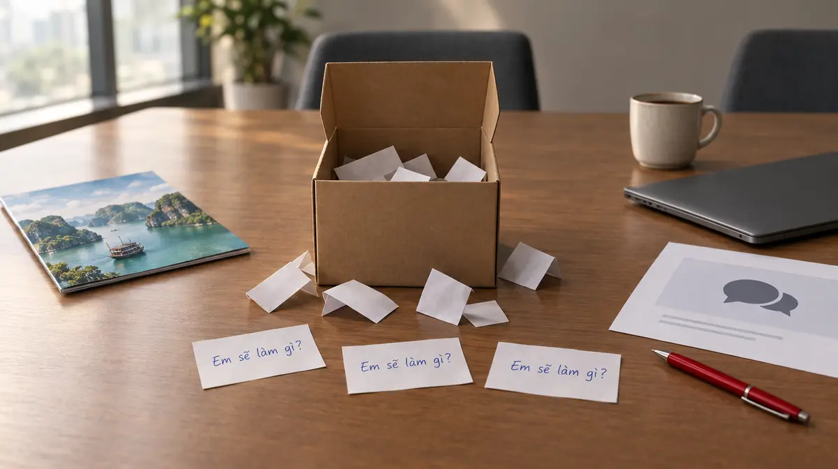 Ảnh chụp tĩnh vật trên bàn họp gỗ: ở giữa là hộp giấy carton mở nắp đựng nhiều mẩu giấy gấp, vài mẩu rơi ra ngoài; phía trước có ba mẩu giấy mở ra, cùng viết tay bằng mực xanh câu Em sẽ làm gì?; bên trái là cuốn tờ gấp du lịch in hình vịnh có tàu, bên phải là tách cà phê, máy tính xách tay đóng, một tờ giấy in biểu tượng bong bóng hội thoại và chiếc bút đỏ