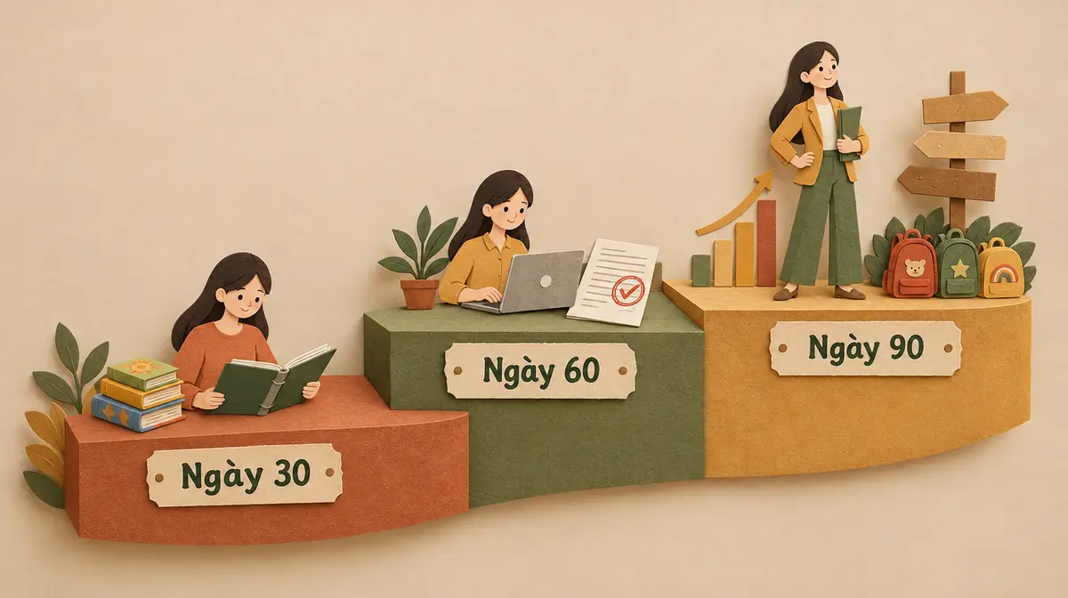 Minh hoạ cắt giấy nhiều lớp tông đất nung, xanh ô liu, vàng đất trên nền màu cát: ba bậc giấy đi lên từ trái sang phải, gắn ba nhãn giấy ghi Ngày 30, Ngày 60, Ngày 90; trên bậc thứ nhất màu đất nung, một cô gái tóc dài mặc áo cam ngồi đọc cuốn bìa hồ sơ, cạnh chồng sách; trên bậc thứ hai màu xanh ô liu, cô ngồi trước máy tính xách tay, bên cạnh là tờ giấy có dấu tích đỏ; trên bậc thứ ba màu vàng đất, cô đứng tự tin cầm tập hồ sơ, bên cạnh là biểu đồ cột tăng có mũi tên, ba chiếc ba lô trẻ em và cột biển chỉ đường