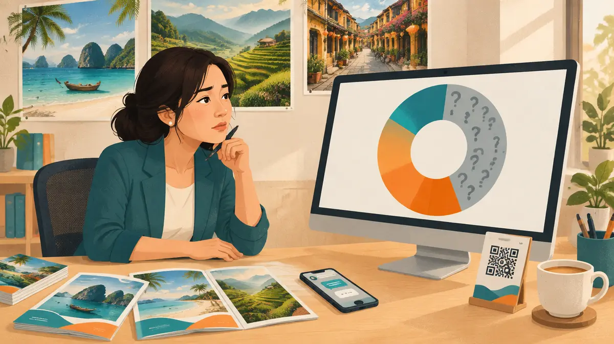 Minh hoạ phẳng trong văn phòng một công ty du lịch: người phụ nữ mặc áo vest xanh ngọc chống cằm, nhíu mày nhìn màn hình máy tính có biểu đồ vòng, phần lớn màu xanh ngọc và cam, riêng một mảng xám gần hai phần năm vòng tròn đầy dấu chấm hỏi; trên bàn có các tờ gấp tour biển và ruộng bậc thang, điện thoại mở ứng dụng nhắn tin, bảng đứng có mã QR và tách cà phê; trên tường là tranh vịnh biển, ruộng bậc thang và một con phố cổ