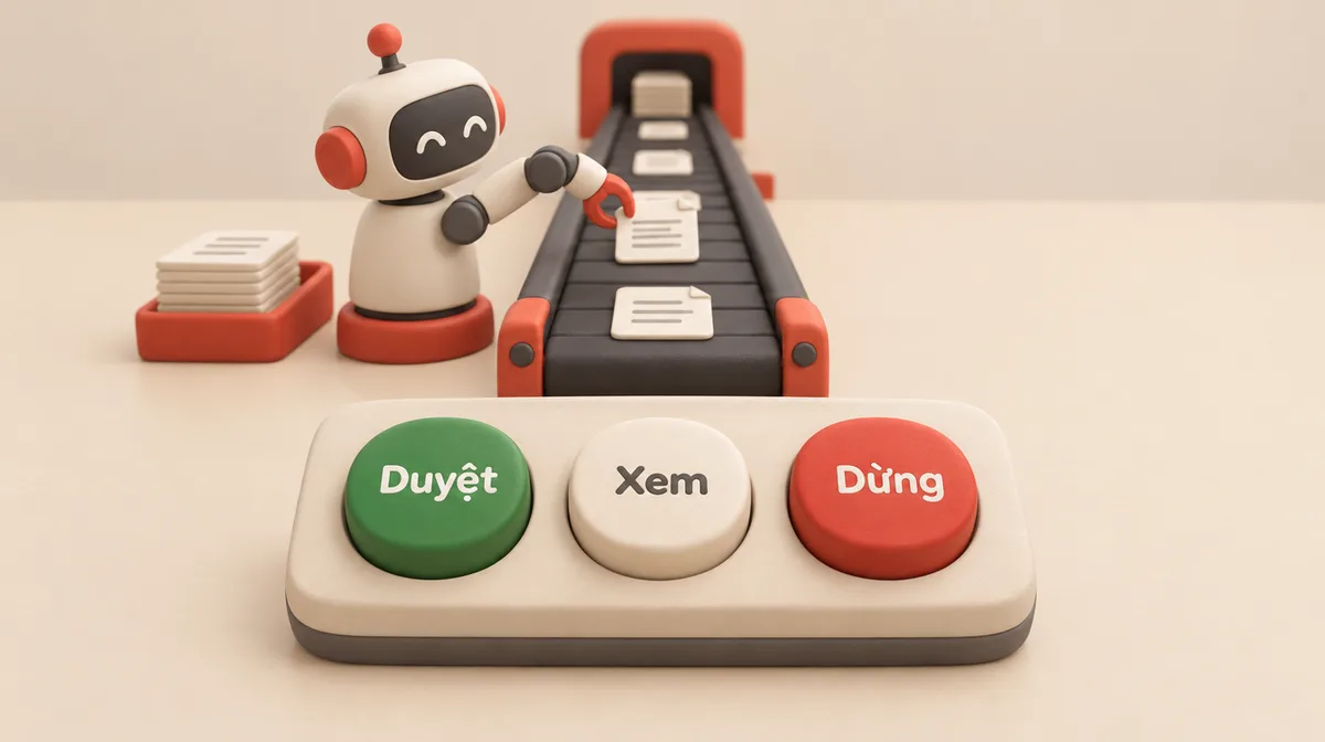 Minh hoạ đất sét 3D trên nền kem: phía sau, một robot nhỏ màu trắng đỏ đặt từng tờ giấy lên băng chuyền chạy ra xa, bên trái có chồng giấy chờ; phía trước là bảng điều khiển có ba nút to cạnh nhau: nút xanh lá ghi Duyệt, nút trắng ngà ghi Xem, nút đỏ ghi Dừng