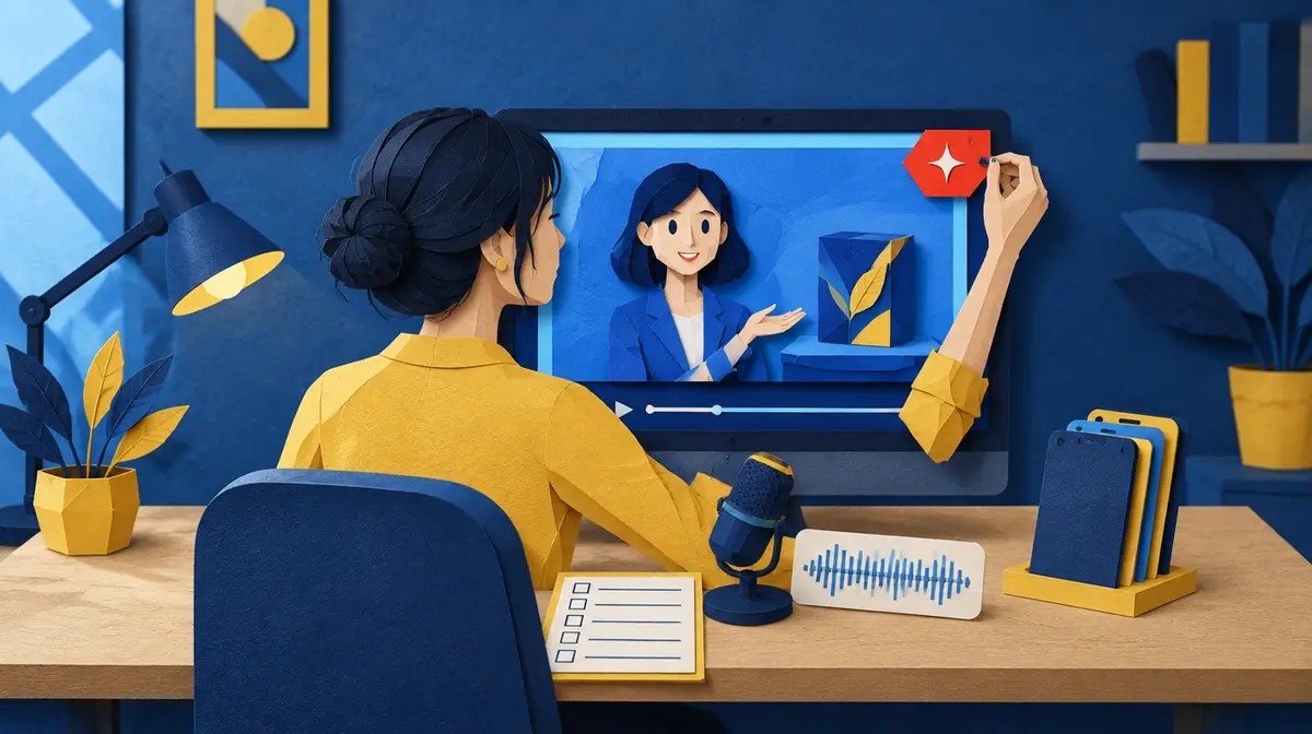 Tranh cắt giấy nhiều lớp tông xanh đêm và vàng: một nữ nhân viên marketing áo vàng ngồi quay lưng ở bàn làm việc, xem trên màn hình lớn đoạn video có người dẫn ảo bằng giấy đứng cạnh hộp sản phẩm; tay phải cô đang gắn một thẻ giấy đỏ có hình ngôi sao lấp lánh vào góc khung video; trên bàn có thẻ danh sách kiểm tra với các ô vuông, micro cạnh dải sóng âm và một chồng thẻ hình điện thoại dọc