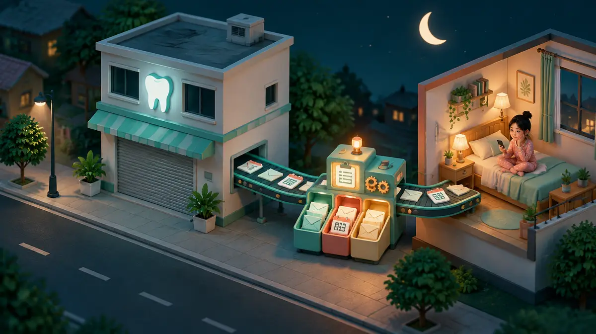 Minh hoạ isometric 3D ban đêm: phòng khám nha khoa hai tầng có biển hình chiếc răng phát sáng đã kéo cửa cuốn; một băng chuyền chở phong bì và thẻ lịch hẹn chạy qua chiếc máy có bánh răng và bảng kẹp giấy, chia thư vào ba khay màu xanh, cam và vàng, rồi đi tiếp tới căn phòng ấm áp nơi cô gái mặc đồ ngủ ngồi trên giường xem điện thoại