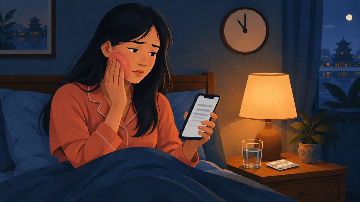 Tranh minh hoạ kiểu báo chí: phòng ngủ ban đêm, cô gái người Việt mặc đồ ngủ màu cam ngồi trên giường, một tay áp lên má đang sưng, tay kia cầm điện thoại có màn hình chỉ là các vạch xám; đồng hồ treo tường chỉ khoảng 11 giờ, trên tủ đầu giường có đèn ngủ, cốc nước và vỉ thuốc