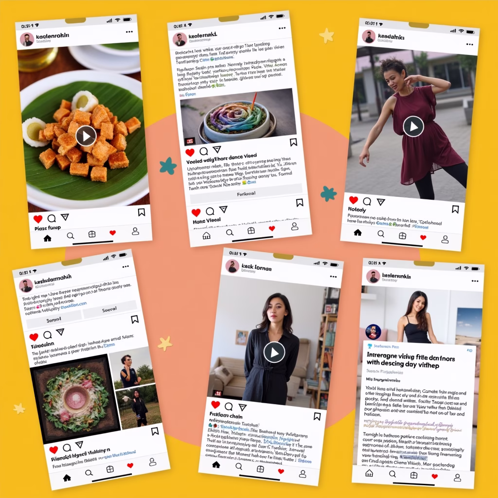 A collage showing various types of content popular on Instagram in Vietnam: a visually appealing food photo, a short dance video on Reels, a user-generated post showcasing a travel experience, and an influencer promoting a fashion brand. The collage should be bright and engaging, highlighting the diversity of content and the focus on visual storytelling.