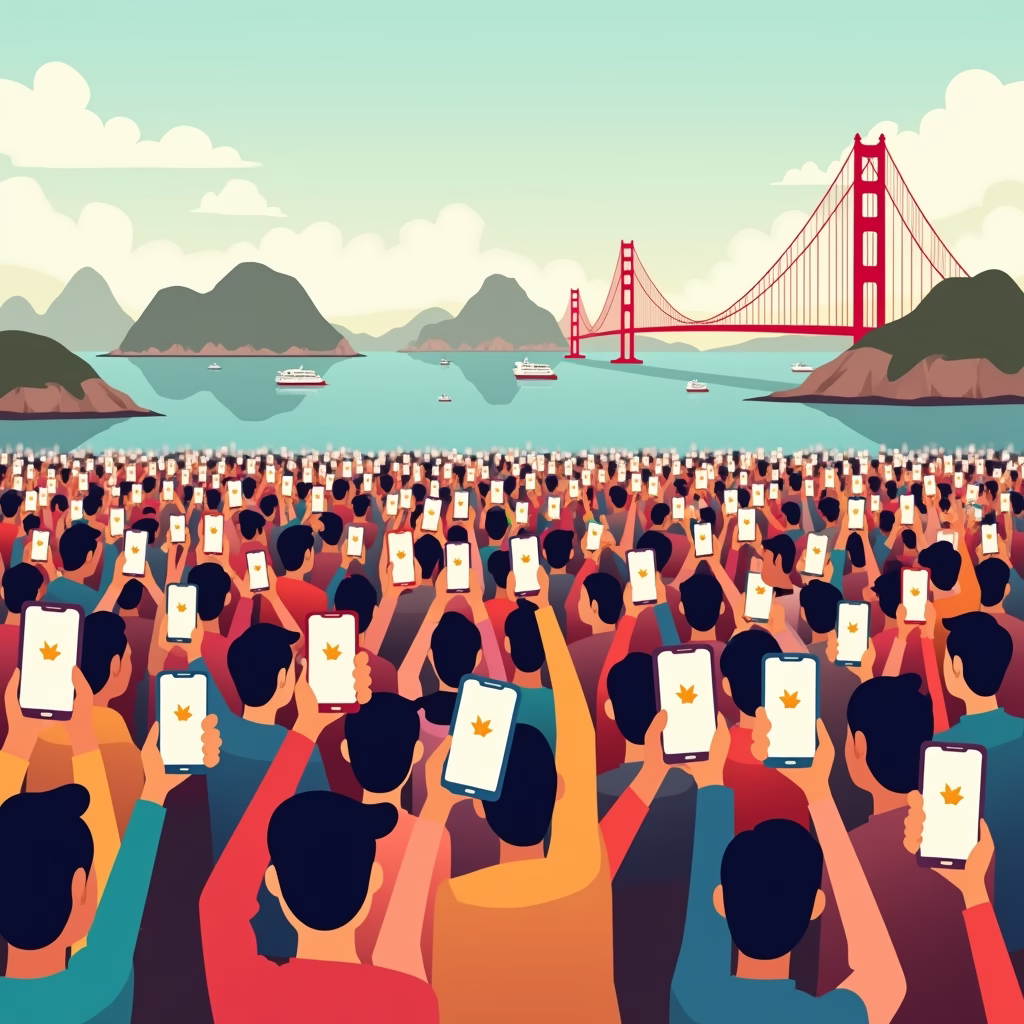 A digital illustration showing a large crowd of diverse people in Vietnam, all holding up smartphones displaying the Instagram logo. The background features iconic Vietnamese landmarks like Ha Long Bay and the Golden Bridge, creating a vibrant and modern scene. The overall tone is optimistic and reflects the widespread adoption of Instagram in Vietnam.
