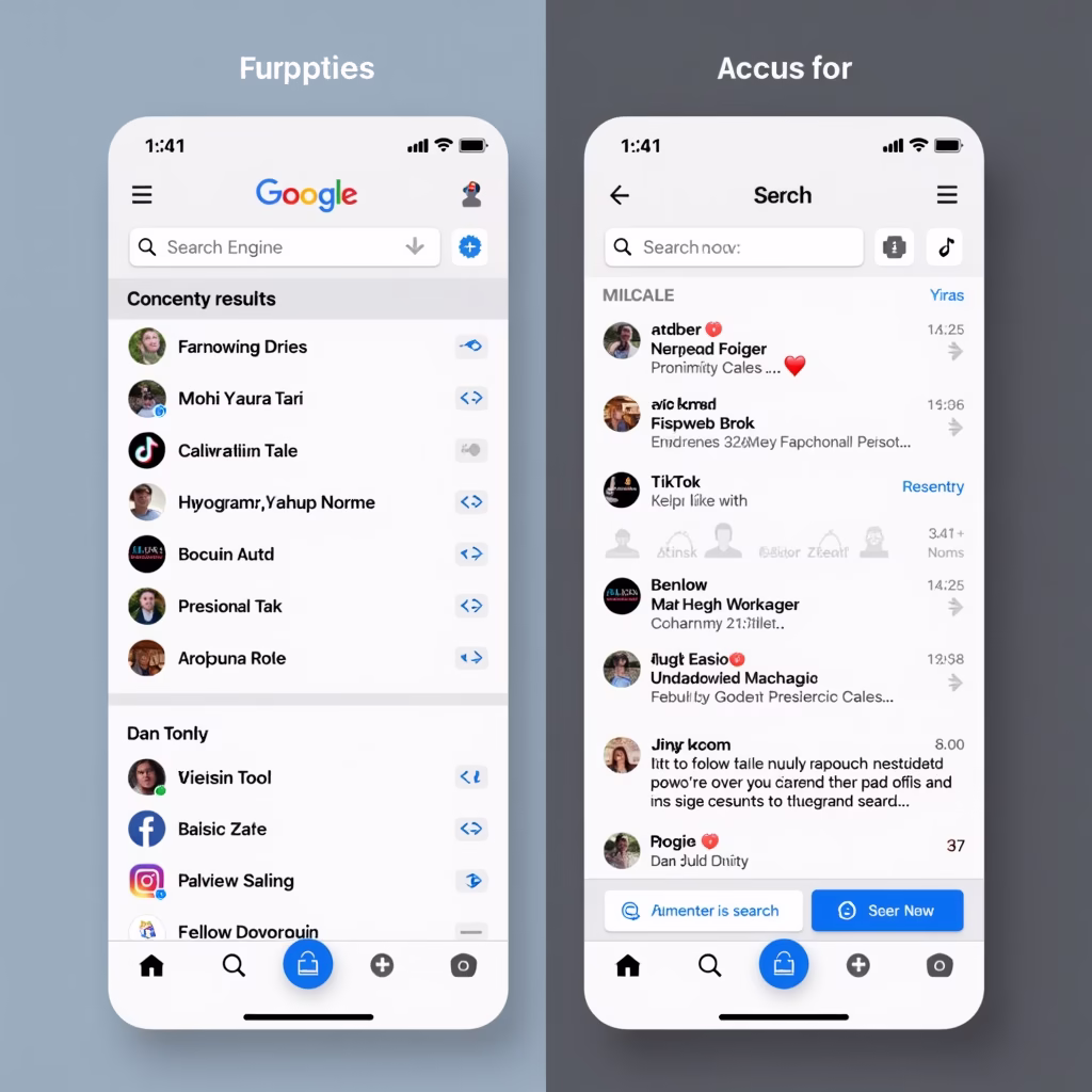 a split-screen showing traditional search engine results on one side and search results within social media apps like tiktok and instagram on the other, highlighting the shift in search behavior.