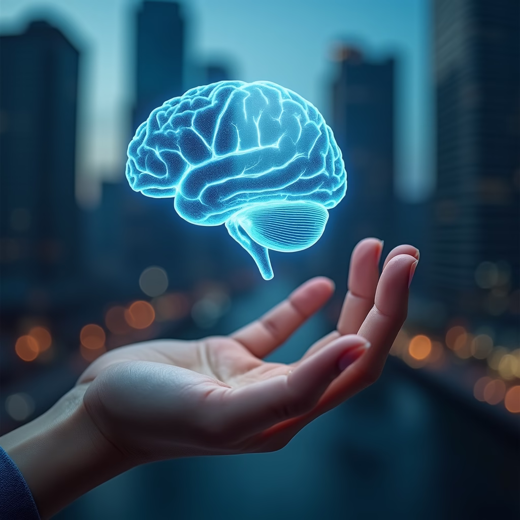 A close-up of a human hand interacting with a holographic brain, symbolizing ChatGPT 4.5's enhanced emotional intelligence and its ability to understand complex human emotions. The background is a blurred cityscape.