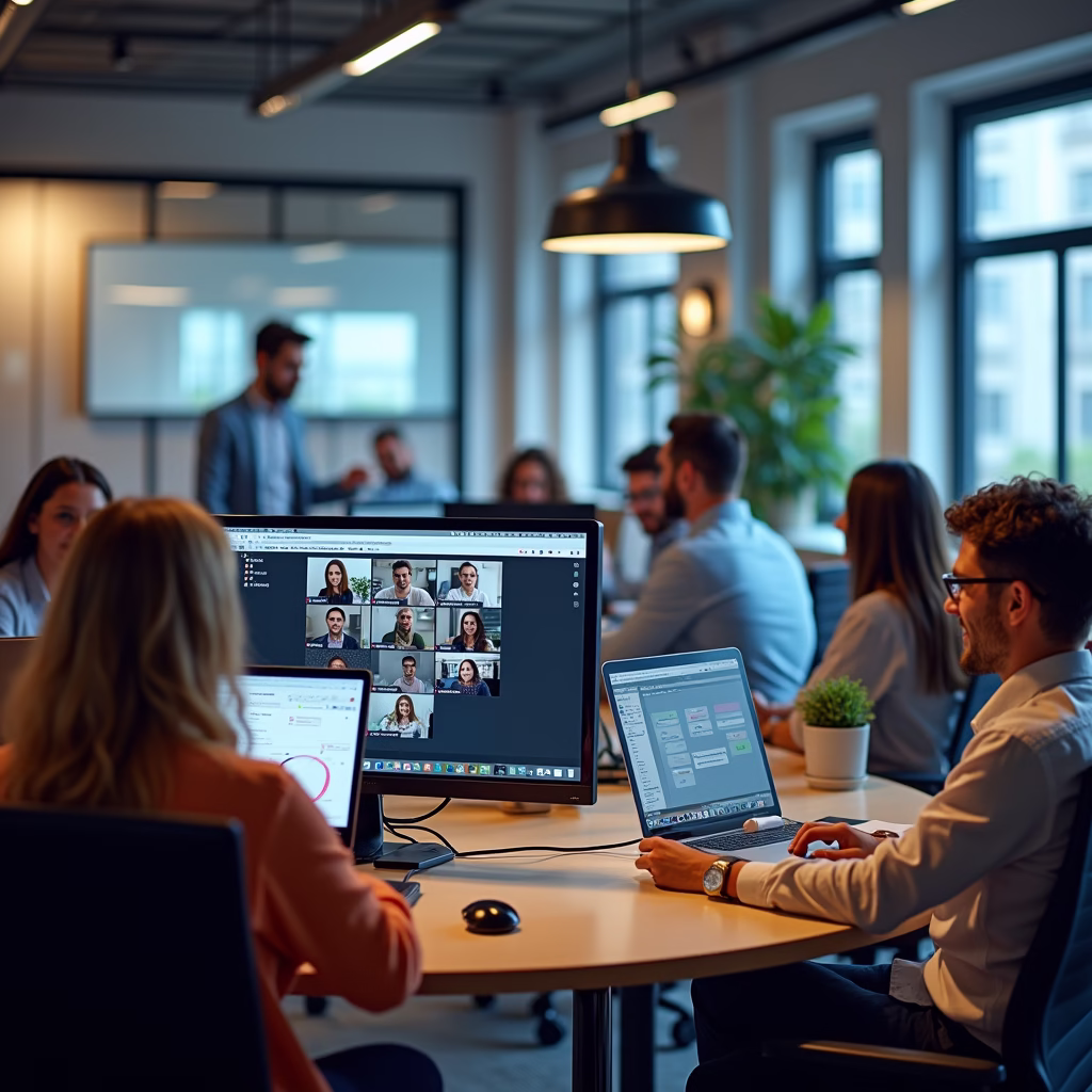 A collaborative workspace featuring employees working both remotely and in-office, seamlessly connected via digital communication tools. The scene showcases a flexible work environment enhanced by technology, promoting productivity and employee satisfaction.