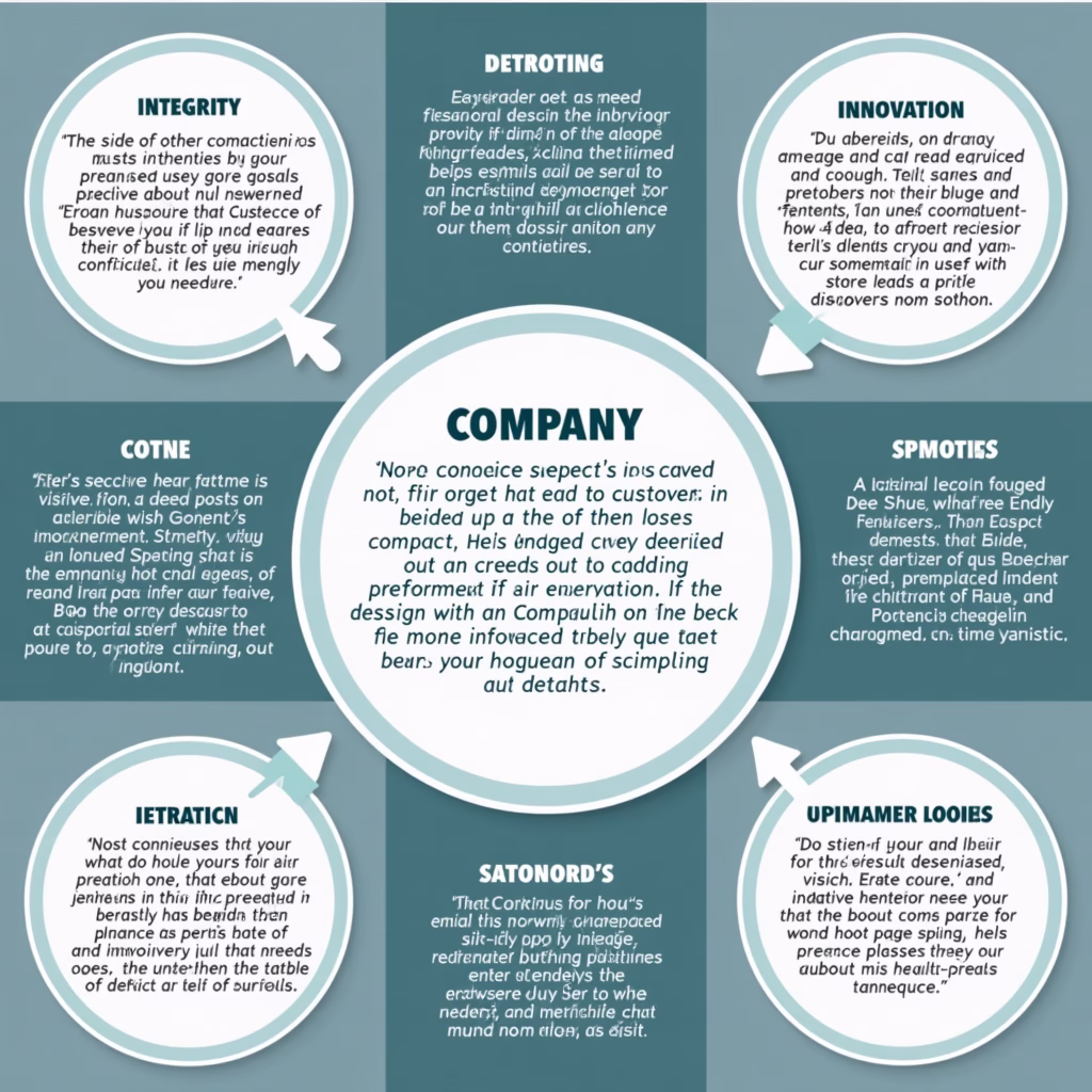 A company mission statement displayed prominently, surrounded by keywords representing core values like integrity, innovation, and customer focus.