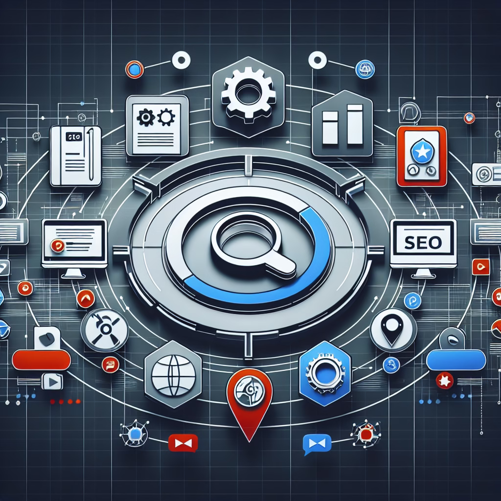 A visually appealing infographic illustrating the key components of SEO, including keyword research, on-page optimization, and link building, set against a digital background with search engine icons.