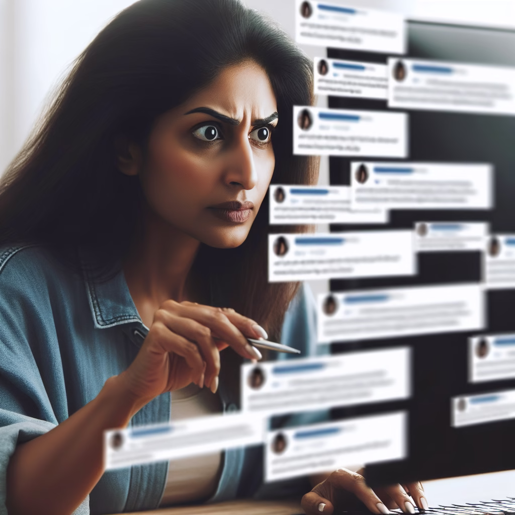 A person carefully reading and analyzing negative feedback on a social media platform, with focus on understanding the core issue.