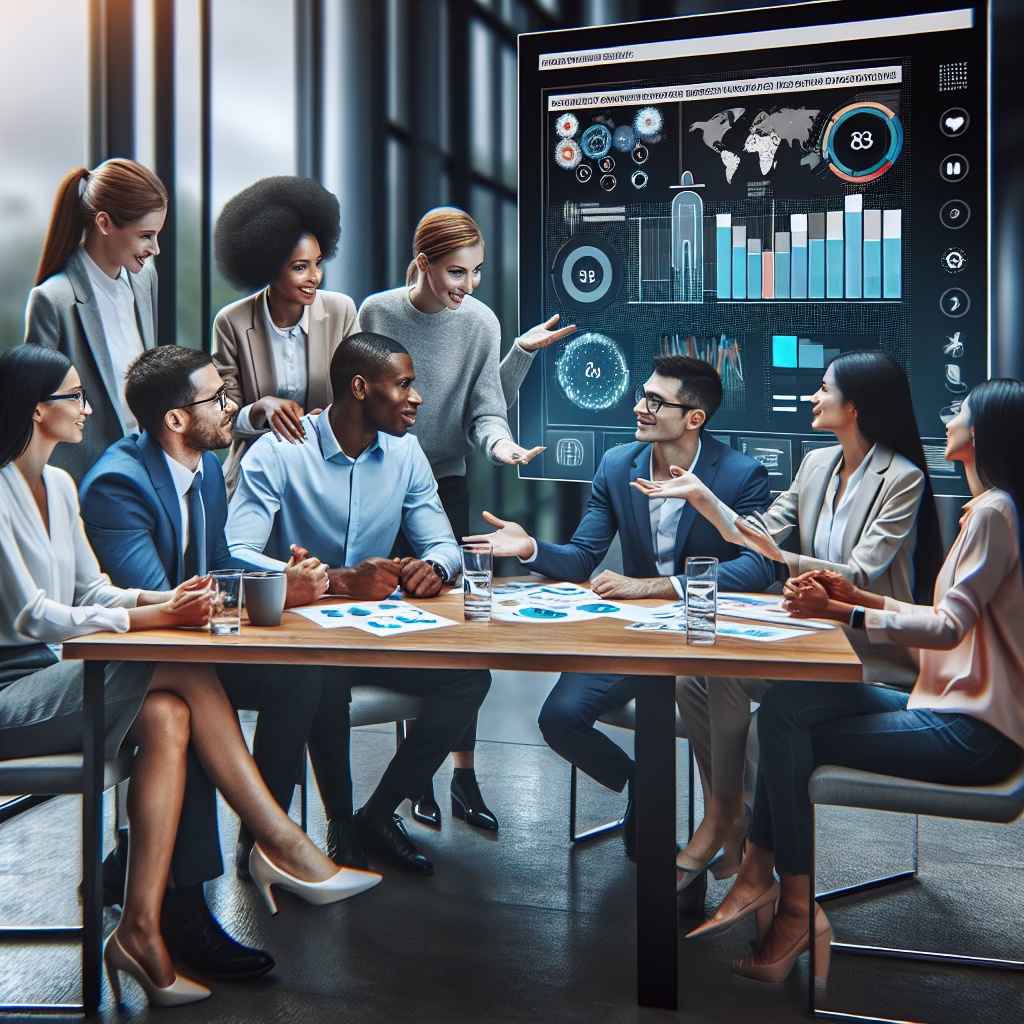 A diverse group of business professionals collaborating around a large screen displaying a CRM dashboard, highlighting improved customer service and data-driven decision-making. The atmosphere is modern and collaborative.