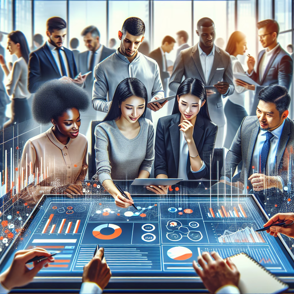 A business team collaborating around a large screen displaying CRM software interface, focusing on data analysis and customer relationship management. The scene should be bright, modern, and convey a sense of efficiency and teamwork.